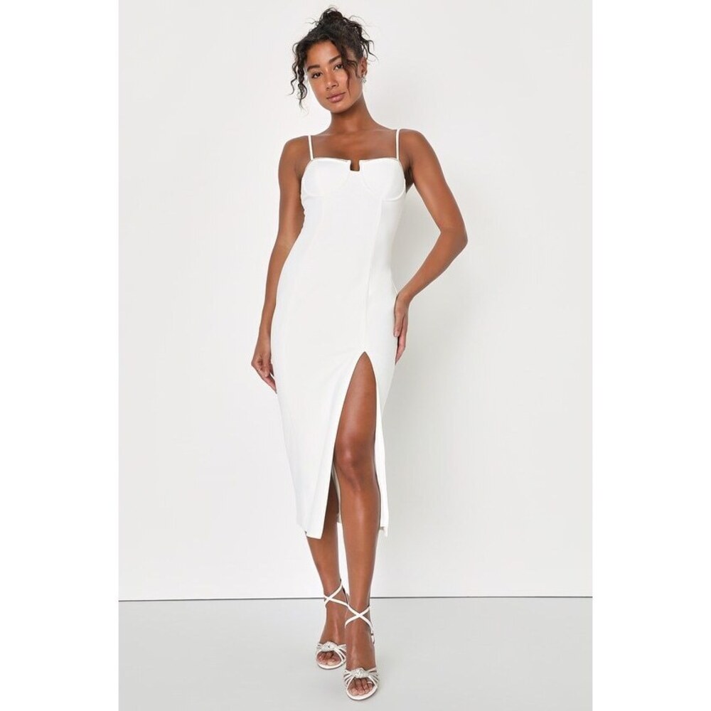 Lulus Tantalizing Attitude White Rhinestone Bodycon Midi Dress - Size M